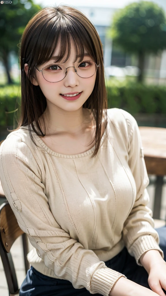 Tabletop, Highest quality, thin frame glasses、Photorealistic, In detail, High resolution, 8k wallpaper, Perfect dynamic composition, Beautiful attention to detail, Medium Hair, Big ample breasts, Random sexy poses、Tight beige knitwear、Breast bulge、Laughter、Natural landscape、23 years old、(Droopy Eyes 1.3)、Adult Beauty