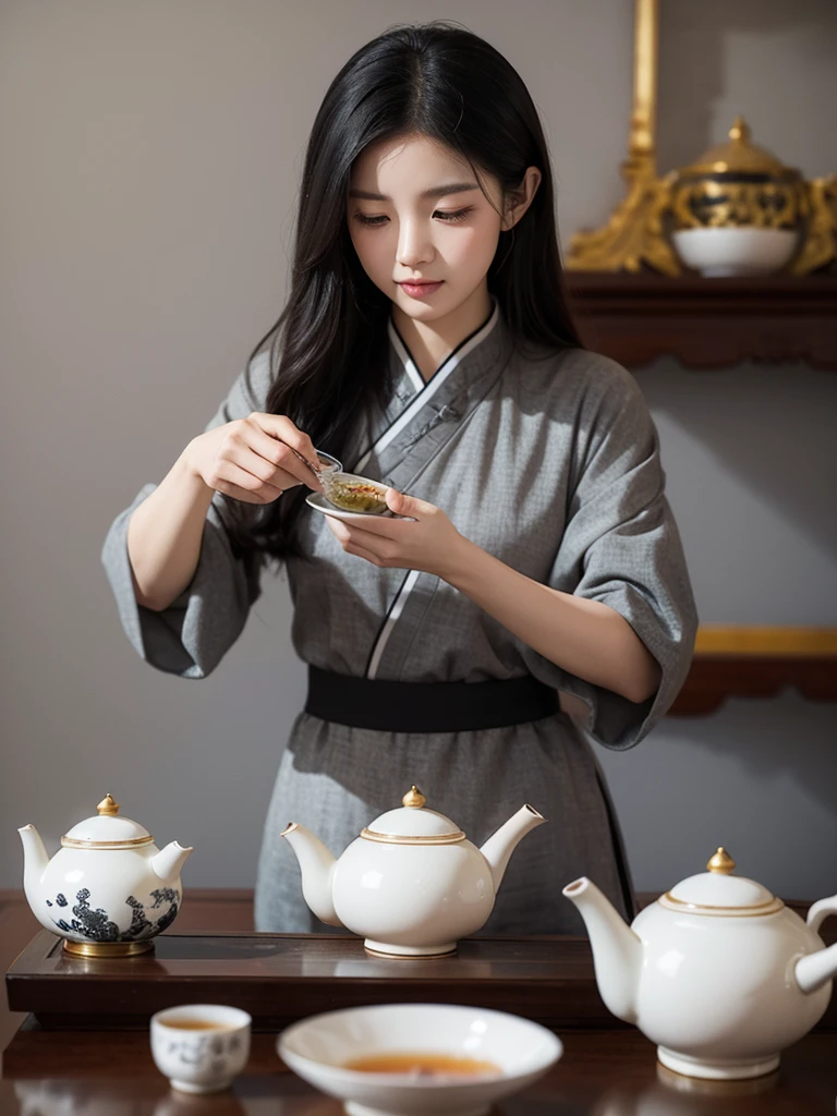 With gray and black Chinese style study as background,Blurred background,Long tea table、cup,teapot,Close shot,Create an atmosphere with profound cultural heritage,The layering and classical charm of the picture。