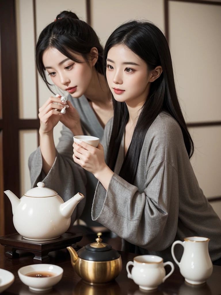 With gray and black Chinese style study as background,Blurred background,Long tea table、cup,teapot,Close shot,Create an atmosphere with profound cultural heritage,The layering and classical charm of the picture。