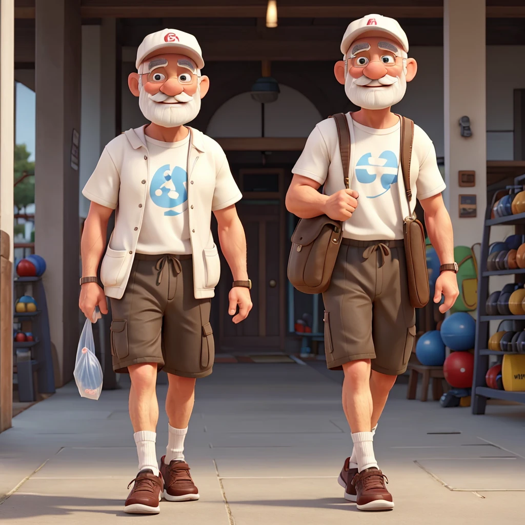 naughty man, 70 years old, in a cap, walking shoes, bald hair, white and carrying plastic bags, Leave just the mustache and more gym clothes