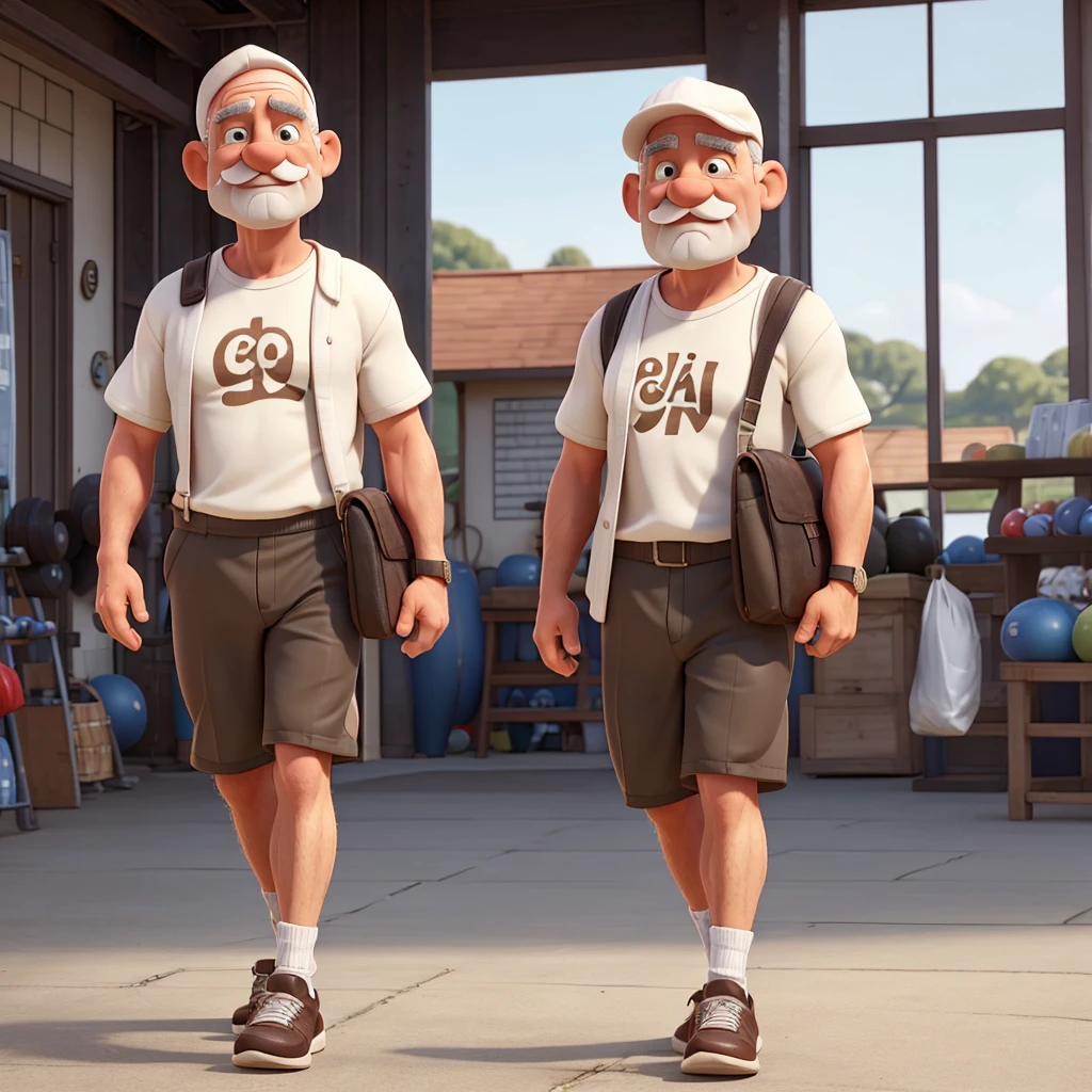 naughty man, 70 years old, in a cap, walking shoes, bald hair, white and carrying plastic bags, Leave just the mustache and more gym clothes 