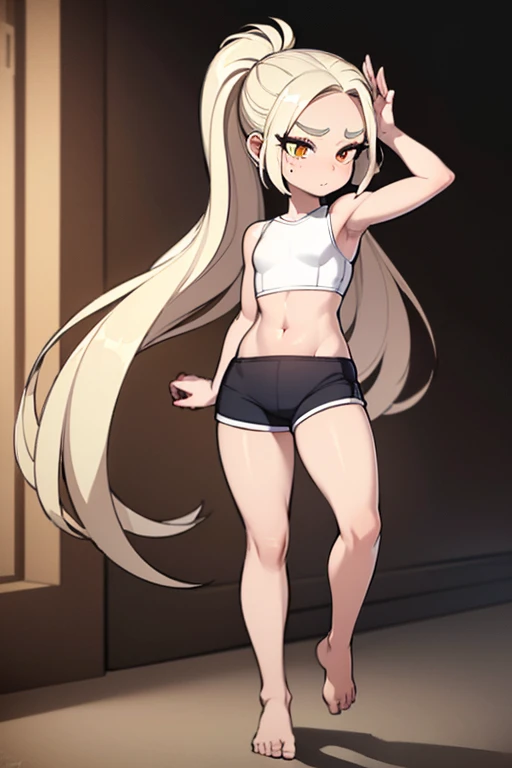 ((masterpiece, best quality, incredible quality, best lighting, ultra high skin detail, detailed hair, realistic hair)), ((tight bootyshorts and crop top)), photo blond wavy hair ponytail, white male femboy, feminine face, flat chest, crotch bulge, pale skin, freckles, tiny waist, wide hips, thick thighs, short height , full body view, from front