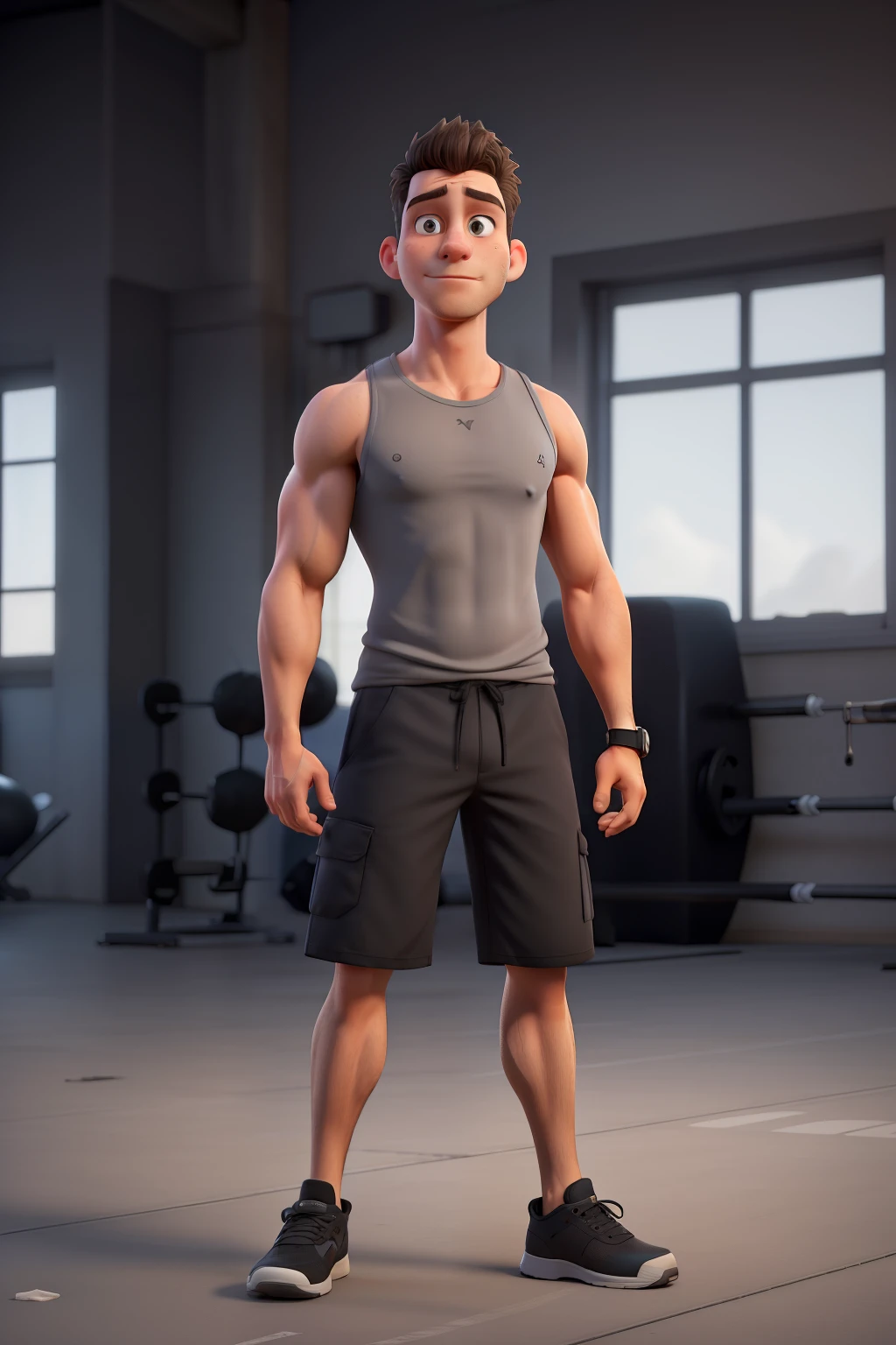 Man aged 30 to 35, wearing a loose training tank top that goes below the waist, covering the entire torso and in gray,  Bermuda shorts wide at the knee or below in black, Grey sneakers, slightly muscular body, black brown hair, with a neutral pose male posture inside the gym , looking straight ahead (best qualityer, work of art, 4K, ultra detaild, sharp focus, 8K, High definition:1.2), 
