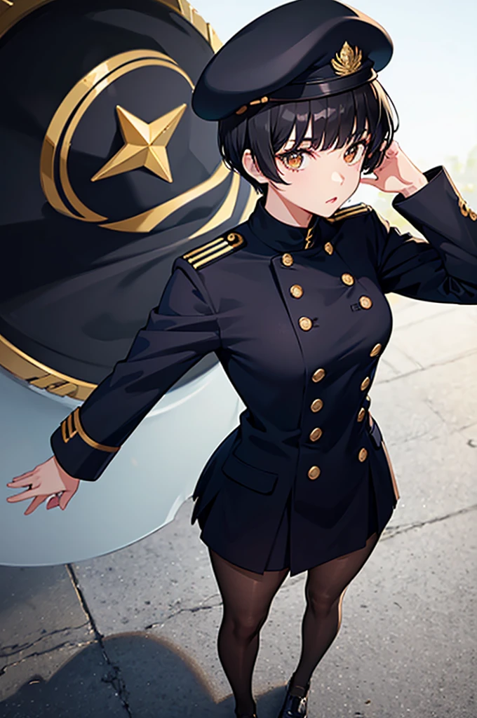 1woman, short black hair, gold eyes, navy academy uniform, beret, standing on ground, high res, ultra sharp, 8K, masterpiece