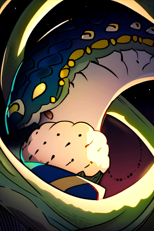 Baby playing with a snake, neotraditional illustration
