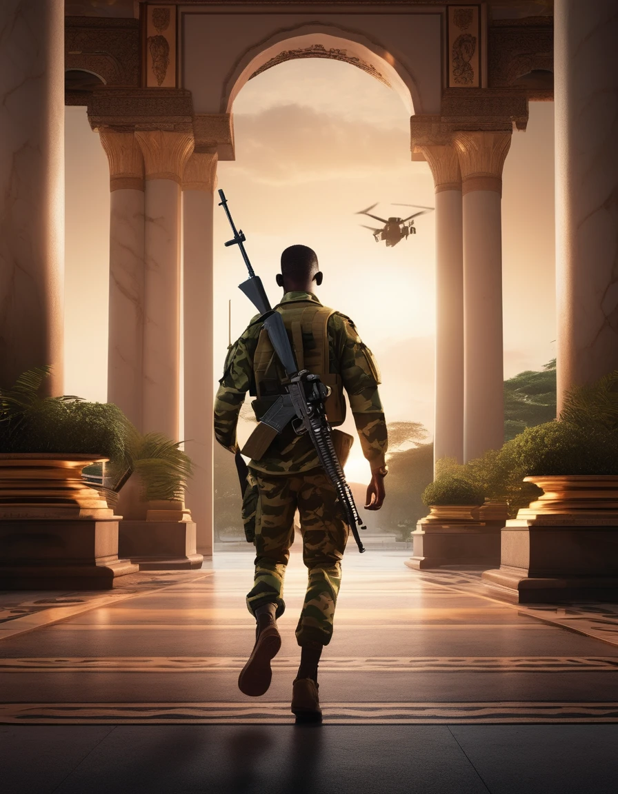 (((cinematic photo masterpiece, best quality, extremely detailed, intricate) ,(cinematic, textured, detailed lighting,), (face focus, looking at viewer, (extremely detailed CG unity 8k wallpaper) , Intricate, High Detail, sharp focus, detailed face, painting art by midjourney . 35mm photograph, film, bokeh, professional, 8k, highly detailed image depicting a dramatic moment at the Marble Palace. After three gunshots ring out, Rashidi, a young soldier and bodyguard to President Kabila, is seen attempting to escape. He sprints from one of the palace offices towards the security fence, only to be shot in the legs by another soldier, Mulumba.
Foreground:
Show Rashidi, around 14-, lying on the ground in pain, with a clear expression of agony and desperation on his face.
He should be wearing worn military fatigues, with his body positioned to indicate he was mid-sprint before being shot.
Mulumba, also around 14-16 years oldew feet away, holding a rifle aimed at Rashidi, his expression serious and resolute.
Mulumba should be in similar military fatigues, standing in a stance of authority and tension.
Background:
Partially reveal the opulent Marble Palace with its grand marble columns and luxurious details.
Show the tall security fence with signs of Rashidi’s attempted escape – perhaps a hand still gripping the fence or a foot tangled in the wire.
The palace grounds should indicate recent chaos – scattered debris, marks of gunfire, and possibly other soldiers reacting in the distance.
Details and Emphasis:
Focus on the intense emotions on Rashidi and Mulumba’s faces – Rashidi’s pain and fear, Mulumba’s determination.
Rashidi’s body should be shown mid-fall, with one leg still slightly elevated as if caught in the act of running.
Mulumba should have a firm grip on his rifle, ready to act further if needed, emphasizing his role in stopping Rashidi.
Lighting and Atmosphere:
Use dramatic lighting