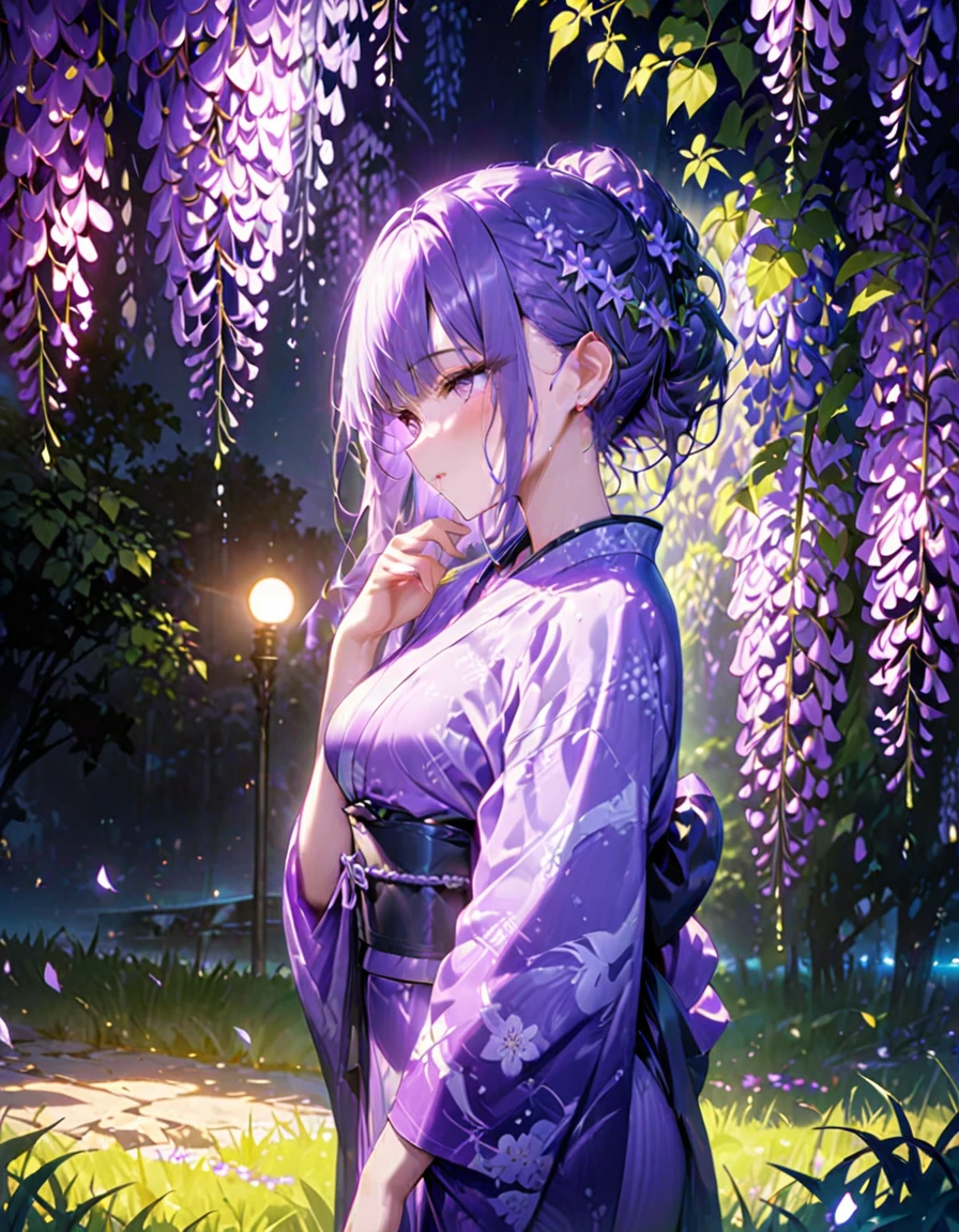 朧月、Woman in purple kimono、Look down、Wisteria flower、Green Grass、night、moonlight、(((masterpiece))), (Highest quality), (Super detailed), (very_expensive_solve), (big_file size), (Full Color)