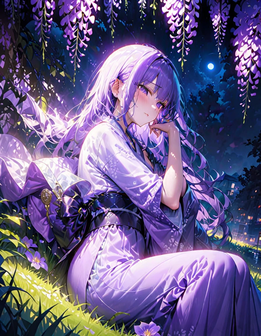 朧月、Woman in purple kimono、Look down、Wisteria flower、Green Grass、night、moonlight、(((masterpiece))), (Highest quality), (Super detailed), (very_expensive_solve), (big_file size), (Full Color)