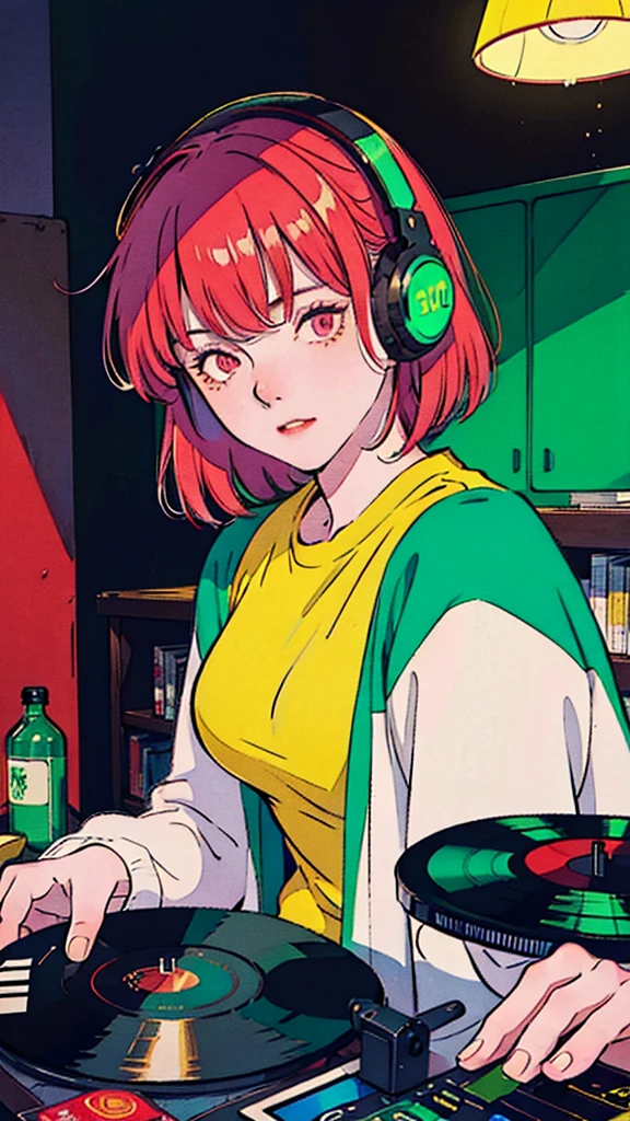 Beautiful Korean Women、one person, red Hair, headphone, wearing yellow tee shirt, Turntable in the room, In the style of neon realism, Charming character, action, Gadget Punk, solapunk, Crimson and amber, Neon Black, Soft lighting, night, nighttime, Realistic, red lighting, Green Lighting, Hard Shadows, masterpiece, highest quality, complicated, Model shooting style, Vintage, Film Grain, Incomplete details