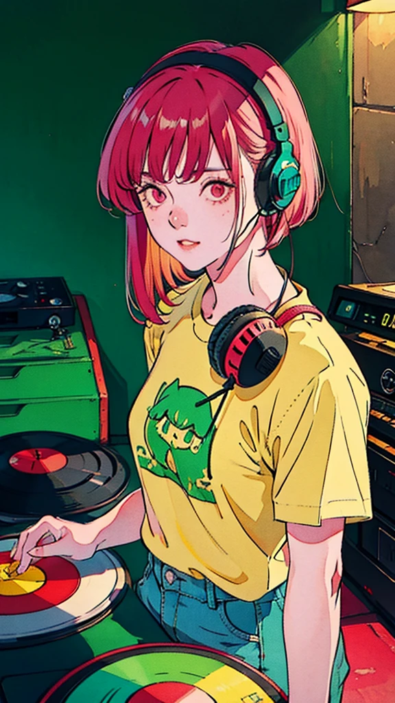 Beautiful Korean Women、one person, red Hair, headphone, wearing yellow tee shirt, Turntable in the room, In the style of neon realism, Charming character, action, Gadget Punk, solapunk, Crimson and amber, Neon Black, Soft lighting, night, nighttime, Realistic, red lighting, Green Lighting, Hard Shadows, masterpiece, highest quality, complicated, Model shooting style, Vintage, Film Grain, Incomplete details