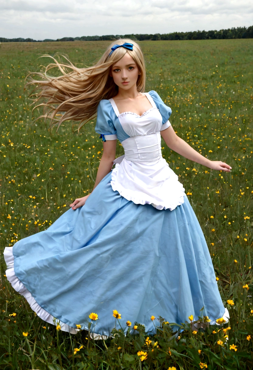 character Alice from Alice in Wonderland, playing in a meadow, with few clothes, sexy, Strong wind, Free hair, oppai, High quality image 