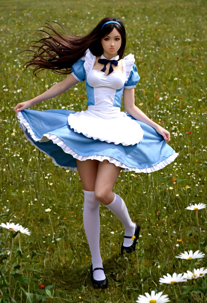 character Alice from Alice in Wonderland, playing in a meadow, with few clothes, sexy, Strong wind, Free hair, oppai, High quality image 