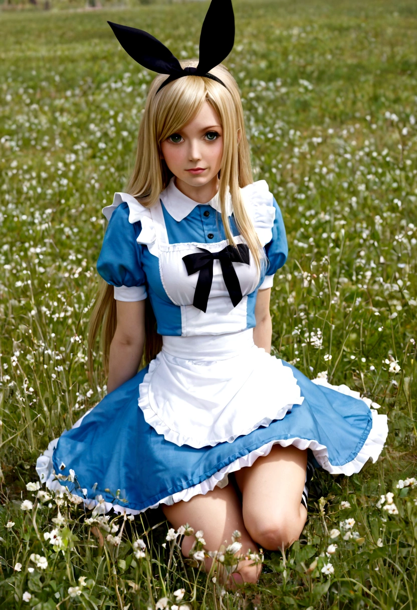 character Alice from Alice in Wonderland, playing in a meadow, with few clothes, sexy, Strong wind, Free hair, oppai, High quality image 