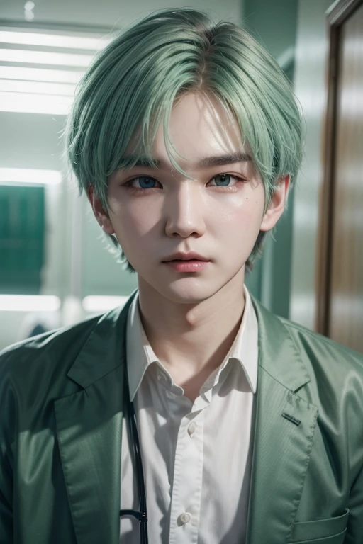min yoongi mint hair, green eyes with a doctor&#39;s coat
