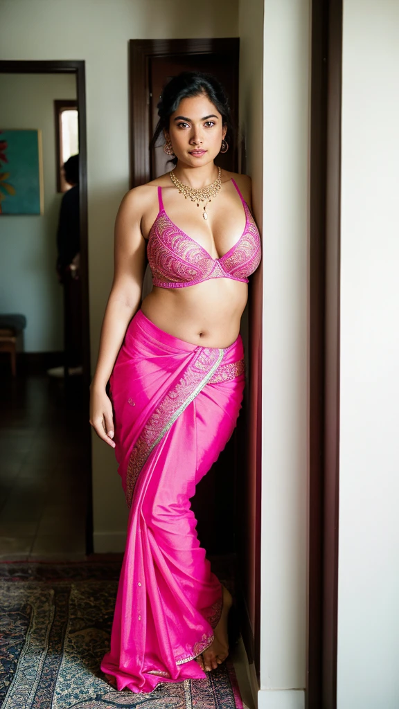 a woman padded different bra and saree, heading in or out the door,,big cheeks, curvy, hourglass figure, swooping breasts, deep cleavage, open arms, sexy armpits,big penis, nipples, ass, necklace, (cinematic:1.3), there is a woman standing in a doorway of a house, sarong, pink blue sarong, female camila mendes, magazine shoot, malika favre, mid shot portrait, leaning on door, justina blakeney, 26 years old woman, wearing loincloth, 3 0 years old woman, full body shoot, home photography portrait, portra