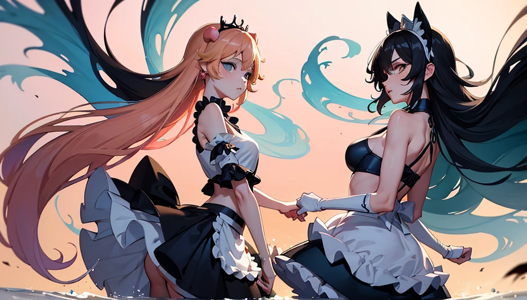 (peach princess:1.5),(sexy Maid:1.2),(magic forest:1.2),(fofosexyrobutts:1.2),(rossdraws 2.5:1.1),(kda:1.1),(whoa:1.1),(sakimichan:1.1),(water colour:1.2) high resolution, work of art, Ruka Sarashina, shorth hair, Bblack hair, (standing alone), 1 girl, cute, hinterland, detailedeyes, (eyes black)SamdoesArts style award-winning half-length portrait of a beautiful woman in a croptop and cargo pants with teal ombre navy blue hairstyle with moving head and flying hair, ink spatter, sneezing, To escape, vaporware, flat shaded illustration, digitl art, trends on artstation, highy detailed, finely detail, intricate