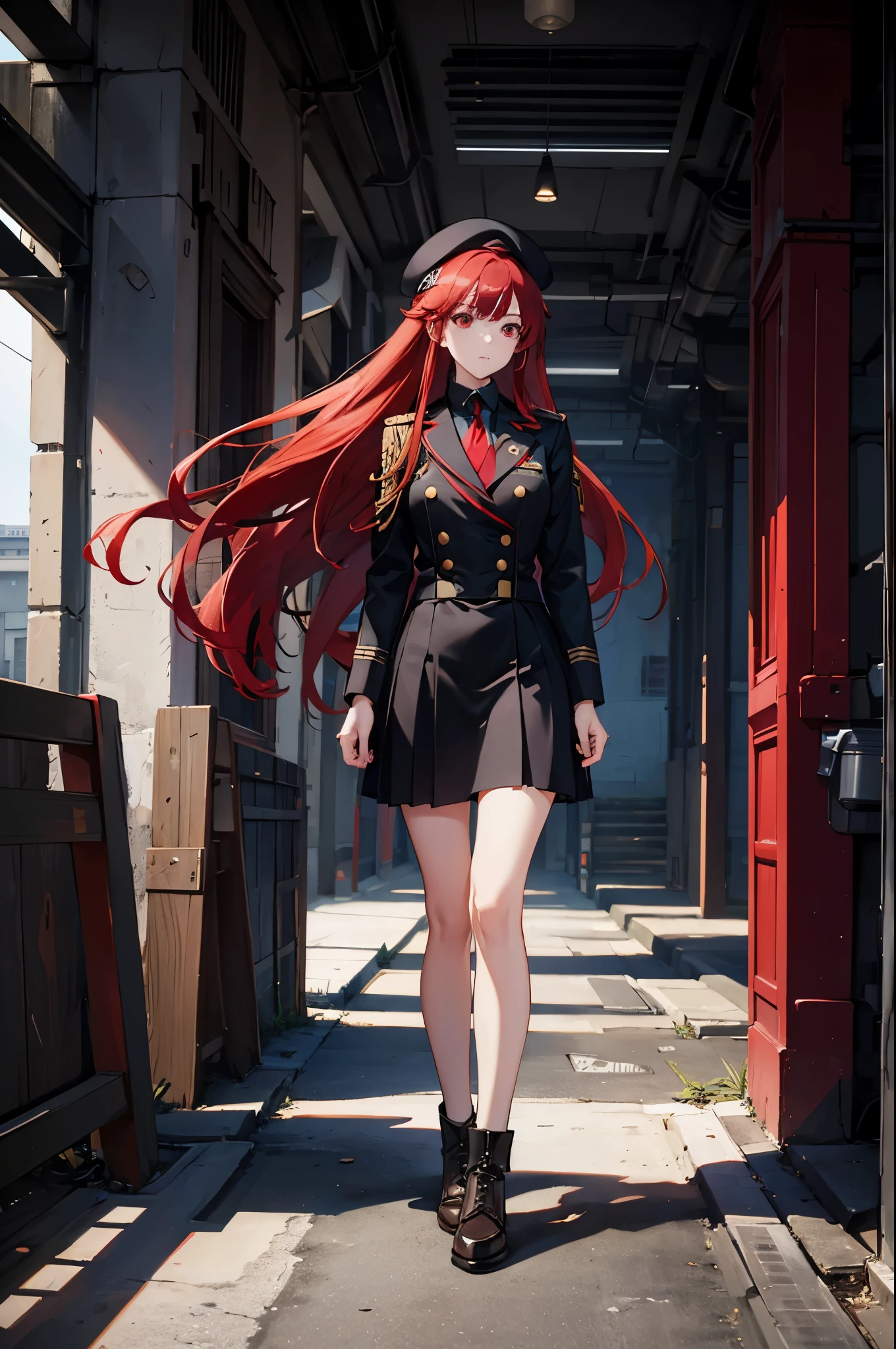 1woman, long red hair, red eyes, academy uniform, beret, standing on ground, high res, ultra sharp, 8K, masterpiece