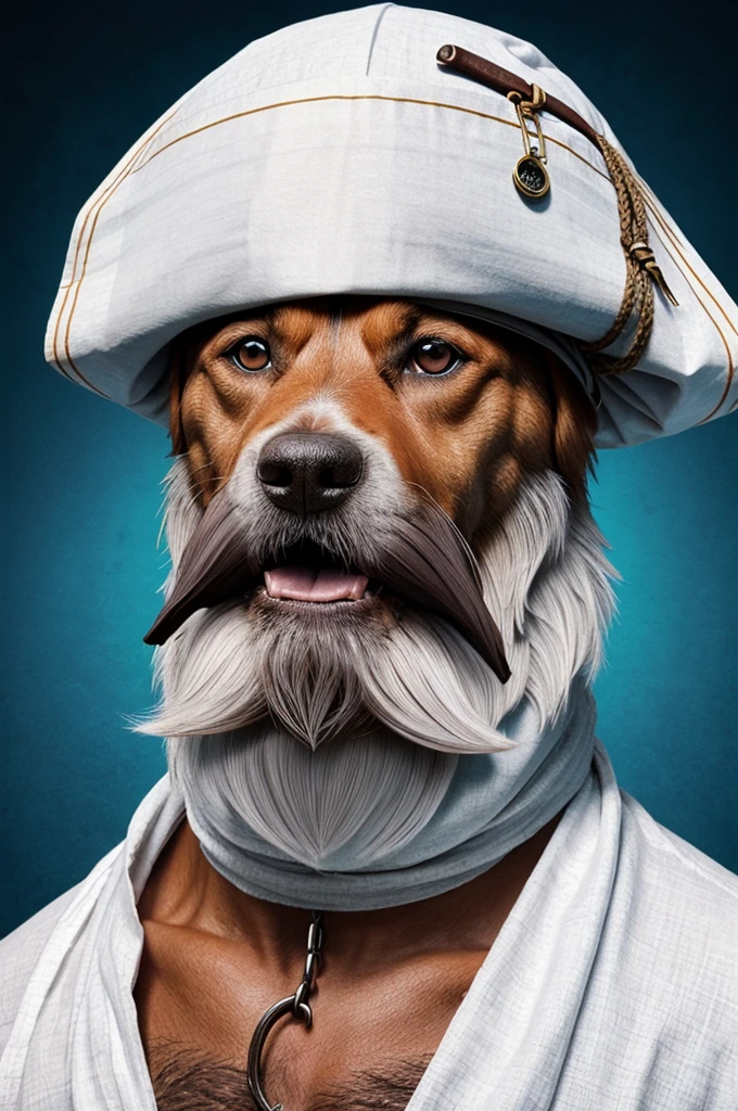 A dog pirate with white beard and have one of his eye covered with some cloth like a pirate background should be blue