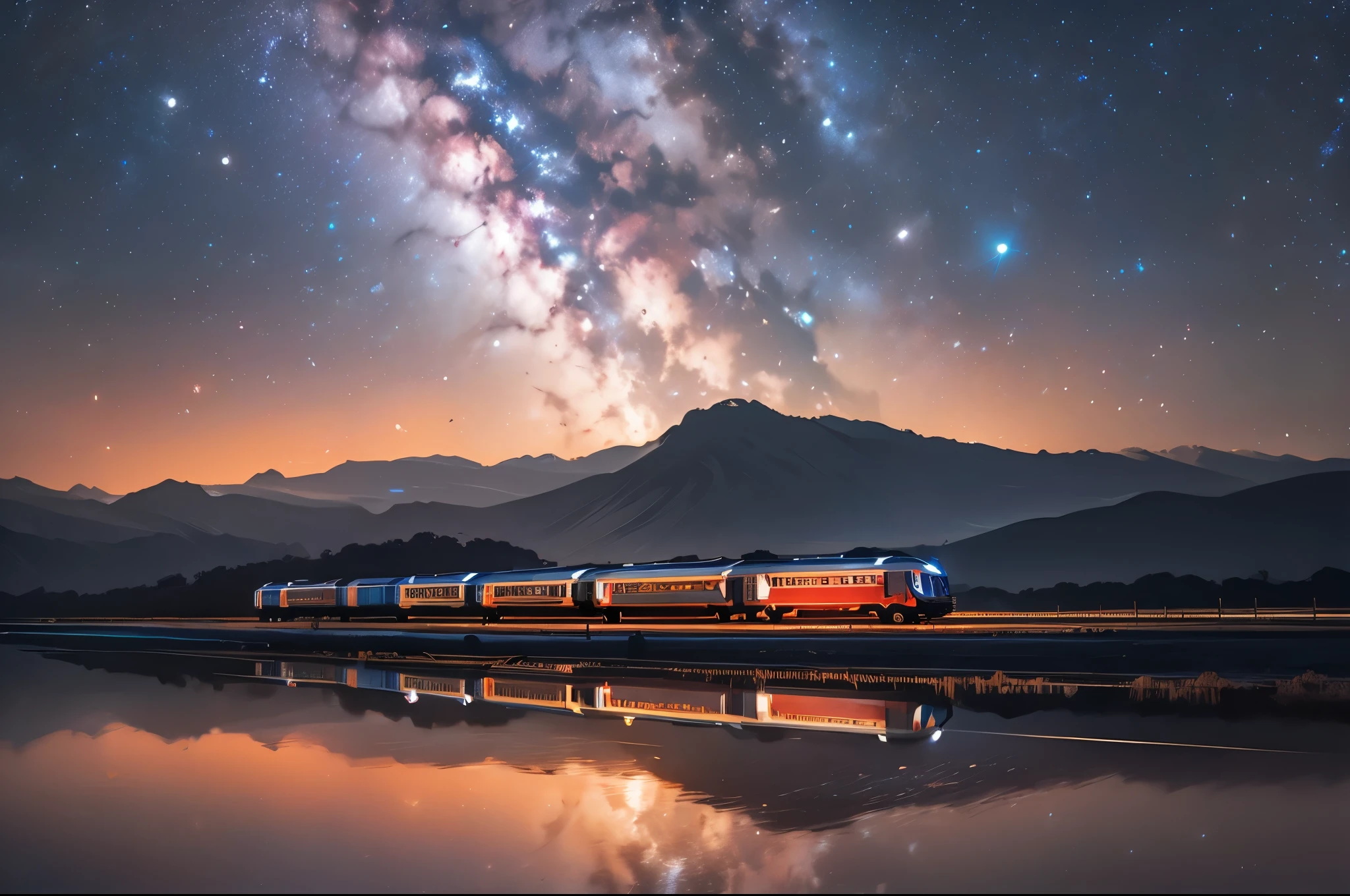 /I At night, the train travels on the vast salt lake, reflecting the train, the Milky Way and the starry sky. Front and side view, HD, photography style, wide-angle lens Angle, symmetrical composition, natural light, spectacular scenery
