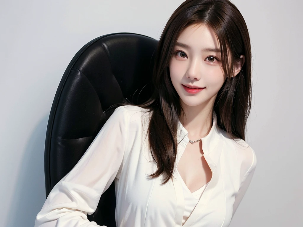 ((masterpiece: 1.4, best quality))+,(ultra detail)+, official art, unity 8k wallpaper, ultra detail, beautiful, high quality, Highlight your cute face, masterpiece, best quality, medium length straight hair, (brown eyes, brown hair), bust, looking straight ahead, laugh, (White blouse, black suit :1.4)