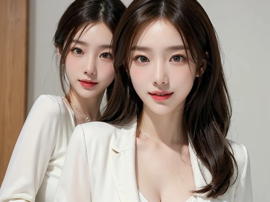 ((masterpiece: 1.4, best quality))+,(ultra detail)+, official art, unity 8k wallpaper, ultra detail, beautiful, high quality, Highlight your cute face, masterpiece, best quality, medium length straight hair, (brown eyes, brown hair), bust, looking straight ahead, laugh, (White blouse, black suit :1.4)