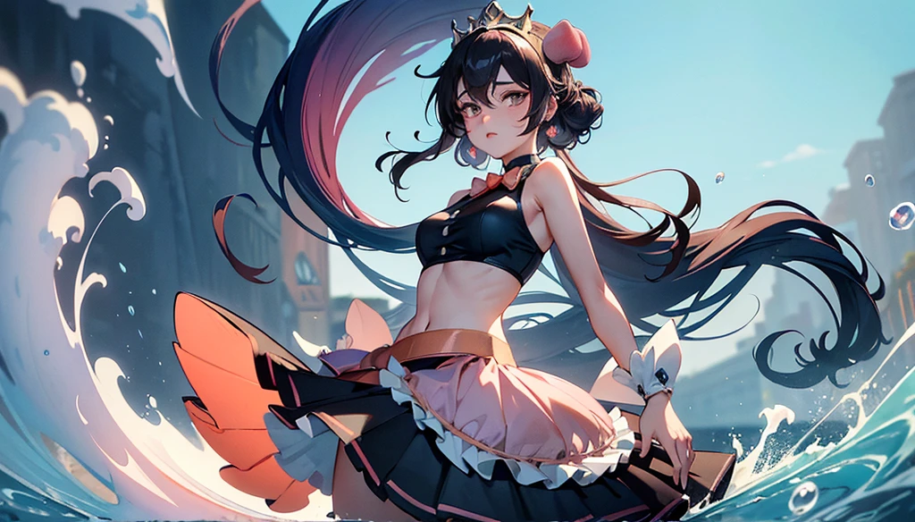 (peach princess:1.5),(sexy Maid:1.2),(magic forest:1.2),(fofosexyrobutts:1.2),(rossdraws 2.5:1.1),(kda:1.1),(whoa:1.1),(sakimichan:1.1),(water colour:1.2) high resolution, work of art, Ruka Sarashina, shorth hair, Bblack hair, (standing alone), 1 girl, cute, hinterland, detailedeyes, (eyes black)SamdoesArts style award-winning half-length portrait of a beautiful woman in a croptop and cargo pants with teal ombre navy blue hairstyle with moving head and flying hair, ink spatter, sneezing, To escape, vaporware, flat shaded illustration, digitl art, trends on artstation, highy detailed, finely detail, intricate