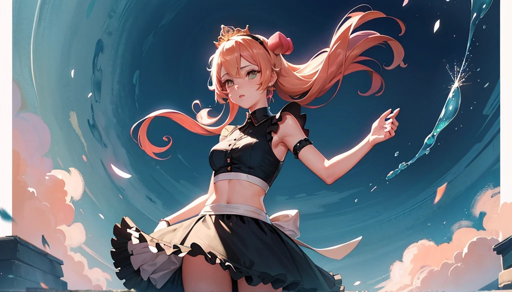 (peach princess:1.5),(sexy Maid:1.2),(magic forest:1.2),(fofosexyrobutts:1.2),(rossdraws 2.5:1.1),(kda:1.1),(whoa:1.1),(sakimichan:1.1),(water colour:1.2) high resolution, work of art, Ruka Sarashina, shorth hair, Bblack hair, (standing alone), 1 girl, cute, hinterland, detailedeyes, (eyes black)SamdoesArts style award-winning half-length portrait of a beautiful woman in a croptop and cargo pants with teal ombre navy blue hairstyle with moving head and flying hair, ink spatter, sneezing, To escape, vaporware, flat shaded illustration, digitl art, trends on artstation, highy detailed, finely detail, intricate