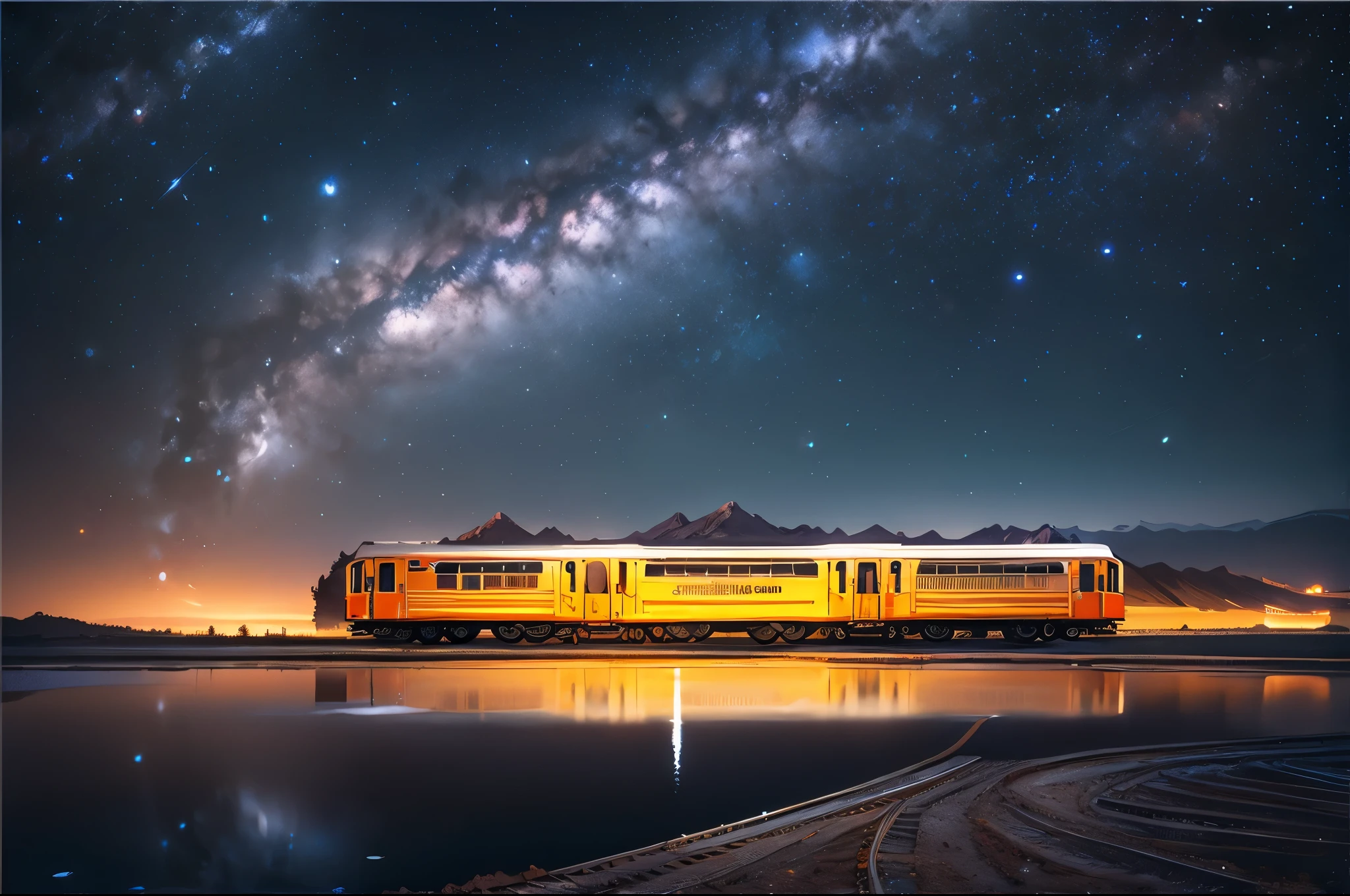 /I At night, the train travels on the vast salt lake, reflecting the train, the Milky Way and the starry sky. Front and side view, HD, photography style, wide-angle lens Angle, symmetrical composition, natural light, spectacular scenery
