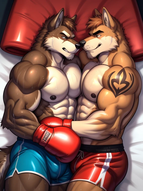 Duo male(Brown Wolf vs Brown Wolf, handsomes, with hairstyle, Thick eyebrows), gay(lying down, cuddling embraced, hot abs, face to face, on a bed match), hot(Shirtless), handsomes(They are handsomes, correct anatomy), musculosos(Big muscle bodies, Six packs, muscle abs, big pecs, muscle backs, muscle legs), sweaty(very sweaty wet bodies, shiny sweat), tatuajes(they have tattoos), Grumpy(Both have an grumpy expression, growling, grumpy teeths, steaming breath), Boxing gloves(They both are wearing red boxing gloves), boxing shorts(They both are wearing boxing shorts), Hight resolution, by(Zourik:1.1) 