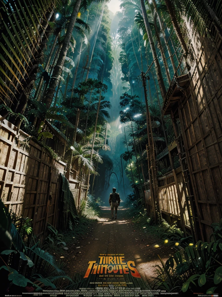 Movie poster, with the art of 80s movie posters, 80s art, a jungle adventure, a valley in the jungle, about some explorers, reaching the valley, where they meet, prehistoric animals and dinosaurs.