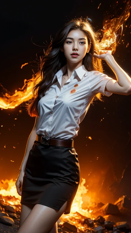 (fire element:1.1), knee shot, It consists of fire element,fire,transparency,burning,(molten rock),Frame print,burning hair,smoke,cloud,chopped, girl engulfed in flames, Flames fly and sparks scatter,mano burning,translucent luminescence, 18s woman in thai university uniform, long straight fire hair, white shirt, black tight mini skirt, brown belt, sneakers, masterpiece:1.2, high detail, realistic, cinematic scene, fire goddess, slim and perfect figure, 16k, close up, portrait photo, dynamic powerful sexy pose