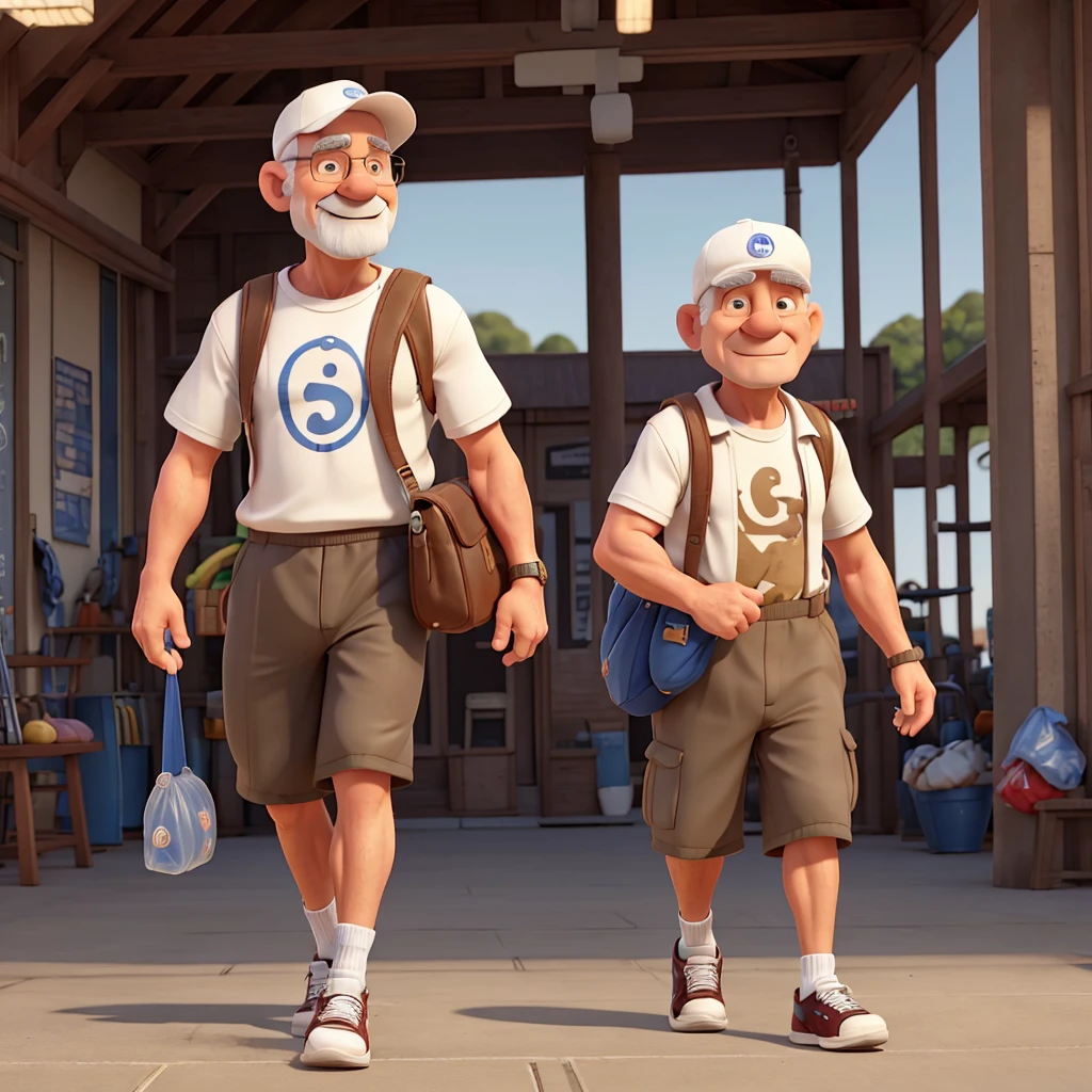 naughty man, 70 years old, in a cap, walking shoes, bald hair, white and carrying plastic bags, take off the goatee and more gym clothes