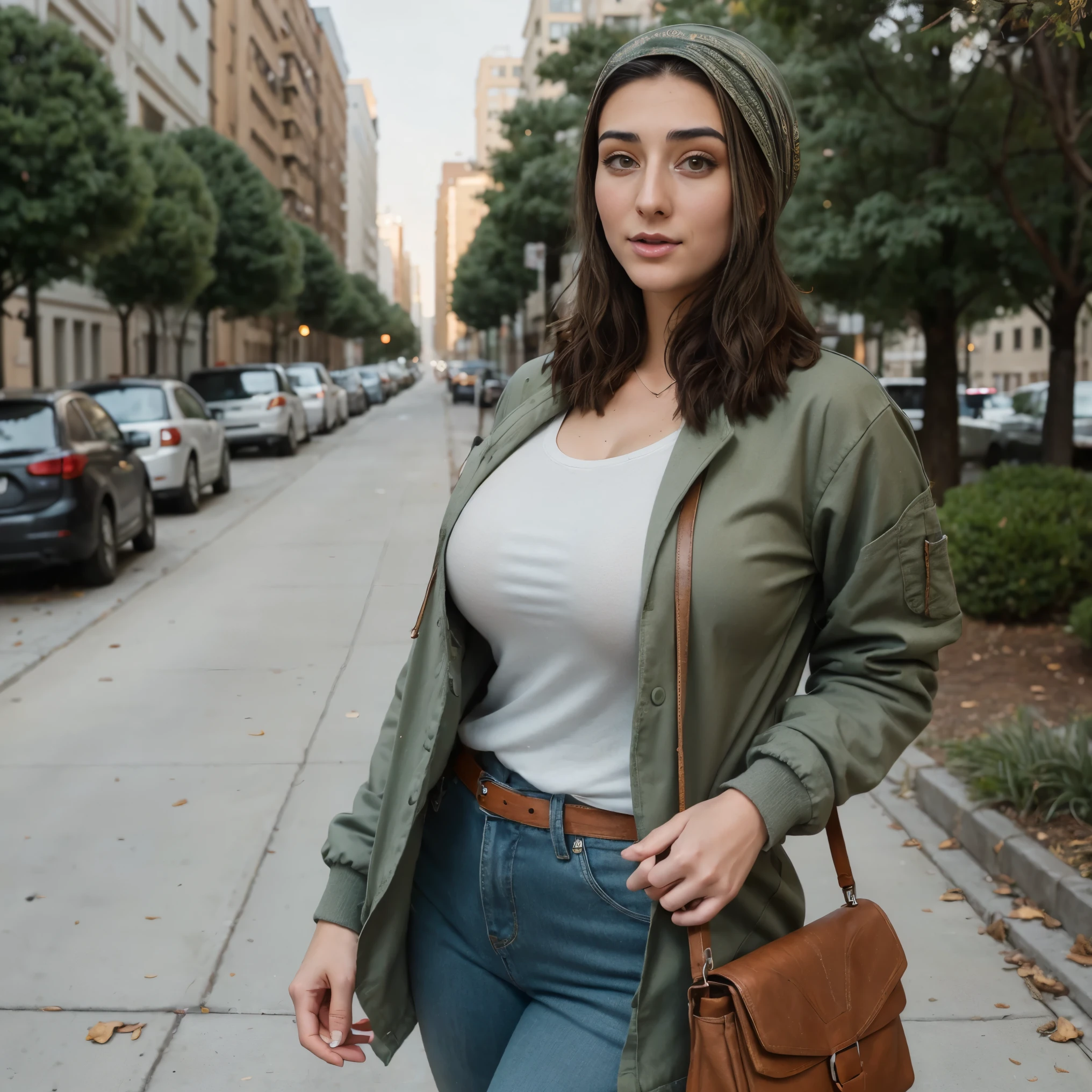 Extremely busty thin and toned brunette photographer, college girl, fair skin, loose single side sweep, soft face, athletic, bandana babushka headwrap, tight olive green casual windbreaker, skinny jeans. standing in front of her apartment building, outdoors, city, camera bag, cleavage 