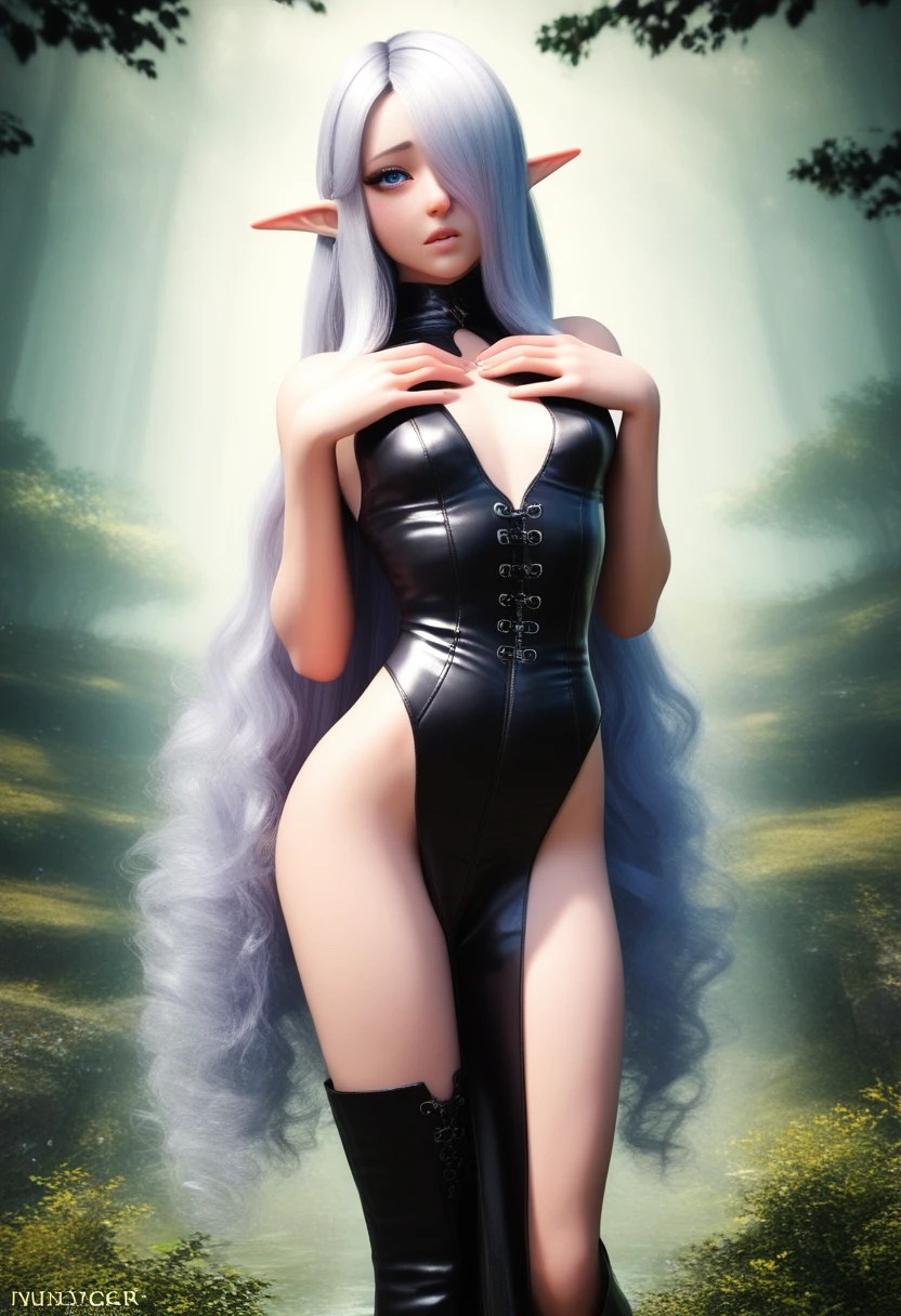 A detailed gnome girl with pale skin, short stature, and very long silver hair that curls at the ends, covering one eye, with small breasts, pouty lips, and bright blue anime-style eyes with long lashes, wearing a leather corset, white puffy-sleeved shirt, and poufy cloth pants tucked into boots, set in a windy fantasy landscape, (best quality,4k,8k,highres,masterpiece:1.2),ultra-detailed, dungeons and dragons, long elf ears,  girl, detailed skin and cloth textures, beautiful detailed face, intricate details, extremely detailed, 1girl, dynamic pose with hair covering one eye, shy personality