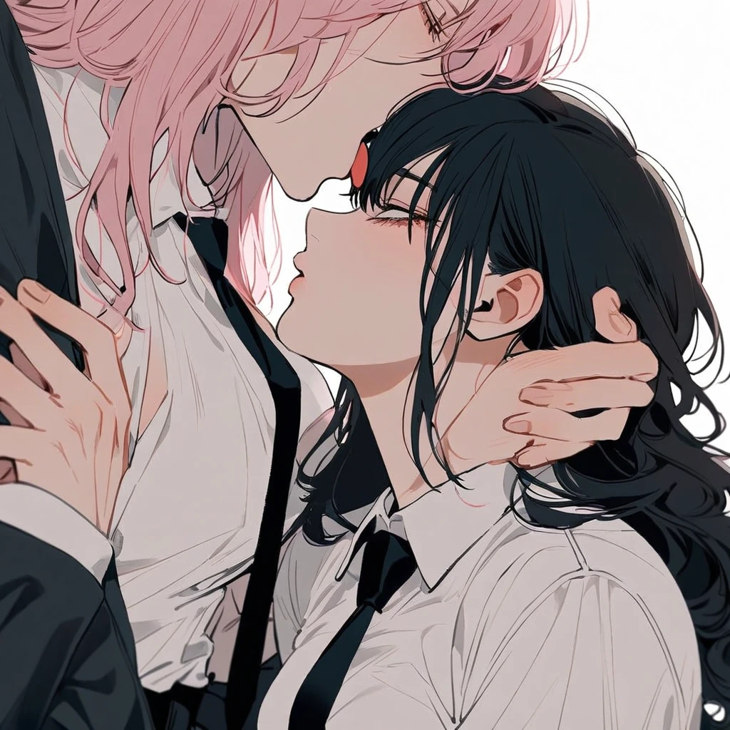 1 older woman with long wavy light pink hair,kissing 1 boy with short black hair,she is holding his head with both hands,(Tongue kiss), bloodstains,both with a white blouse and a black tie, White background, estilo chainsaw man