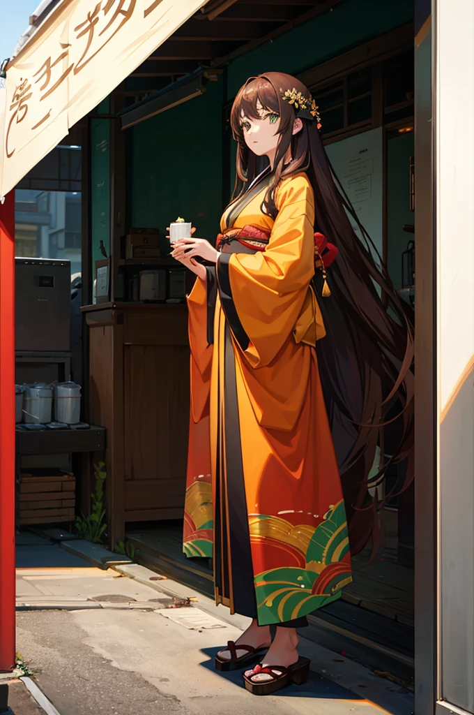 1woman, long brown hair, green eyes, kimono, standing on ground, high res, ultra sharp, 8K, masterpiece