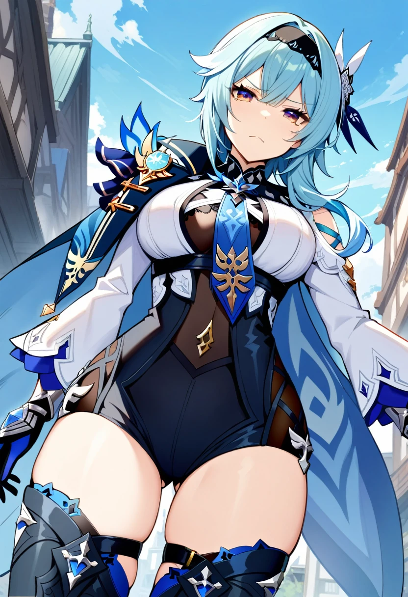 masterpiece, best quality, very aesthetic, absurdres,1girl, ,eula_(genshin_impact), genshin_impact, blue_hair, brown_eyes, hair_ornament, hairband, black_hairband, sidelocks, medium_hair, large_breasts, black_leotard, black_gloves, white_shirt, shirt, blue_cape, cape, long_sleeves, thighhighs, black_thighhighs, underbust, belt, necktie,1girl,cowboy shot, (contempt, disgust,shaded face,looking at viewer,frown),(from below,lifting skirt,panties),,in a city floating in sky,floating_clothes