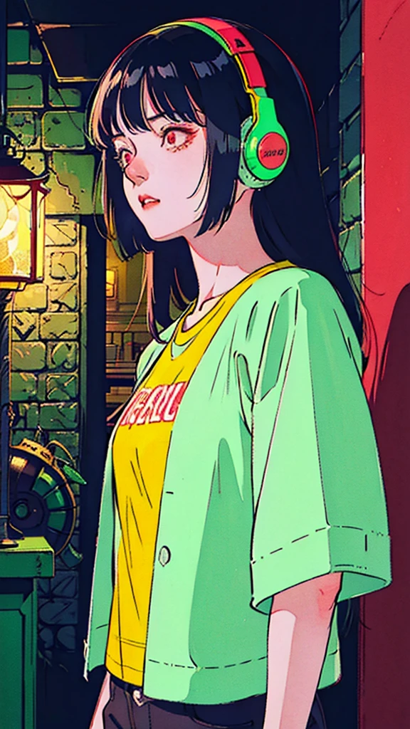 Beautiful Korean Women、one person, red long Hair, headphone, wearing yellow tee shirt, in the room, In the style of neon realism, Charming character, action, Gadget Punk, solapunk, Crimson and amber, Neon Black, Soft lighting, night, nighttime, Realistic, red lighting, Green Lighting, Hard Shadows, masterpiece, highest quality, complicated, Model shooting style, Vintage, Film Grain, Incomplete details
