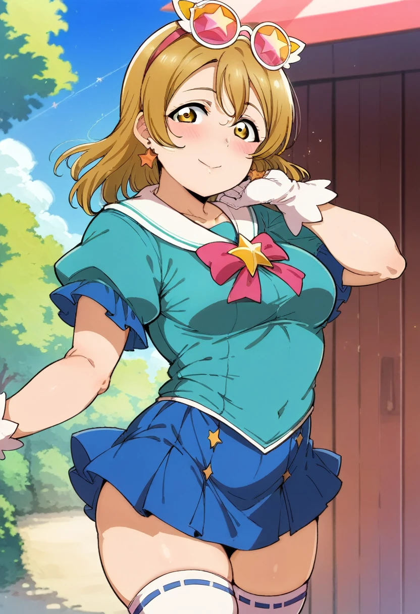 Masterpiece, best quality,alp artstyle,Solo, cowboy shot,Sonoda umi love live,( blue top), magical girl , posing,star glasses, earrings, thighhighs, breasts,outdoors,day, yellow eyes,(blushing:1.2),mini skirt, side slit