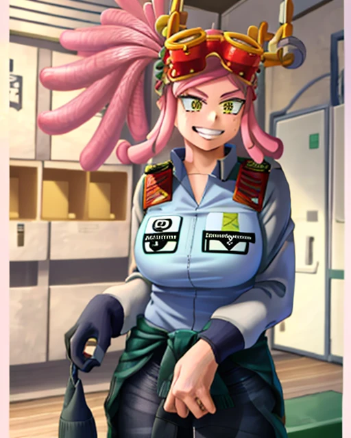 ((best quality)), ((highly detailed)), masterpiece, detailed face, beautiful face, (detailed eyes, deep eyes), (1girl), cowboy shot, hatsume mei(MHA), pink hair, yellow eyes, symbol-shaped pupils, crosshair pupils, grin, (muscular female), large breasts, my_hero_academia_gym_uniform, blue uniform, pants, inside, in a locker room