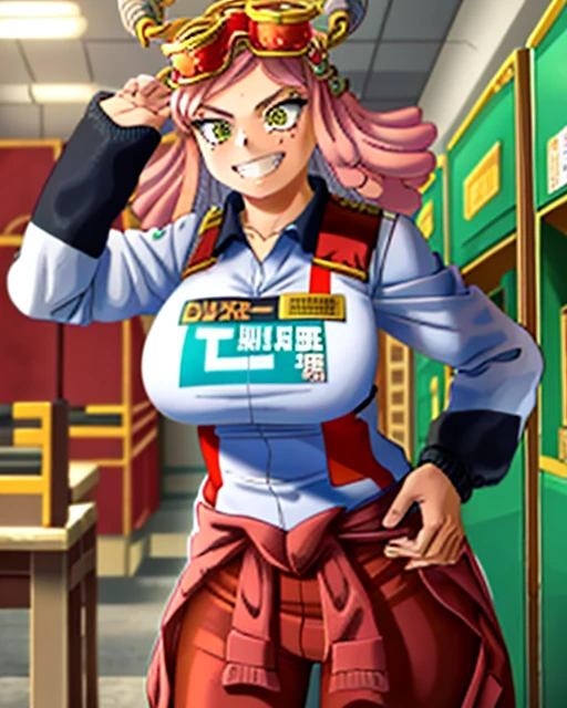 ((best quality)), ((highly detailed)), masterpiece, detailed face, beautiful face, (detailed eyes, deep eyes), (1girl), cowboy shot, hatsume mei(MHA), pink hair, yellow eyes, symbol-shaped pupils, crosshair pupils, grin, (muscular female), large breasts, my_hero_academia_gym_uniform, blue uniform, pants, inside, in a locker room