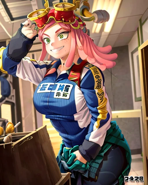 ((best quality)), ((highly detailed)), masterpiece, detailed face, beautiful face, (detailed eyes, deep eyes), (1girl), cowboy shot, hatsume mei(MHA), pink hair, yellow eyes, symbol-shaped pupils, crosshair pupils, grin, (muscular female), large breasts, my_hero_academia_gym_uniform, blue uniform, pants, inside, in a locker room