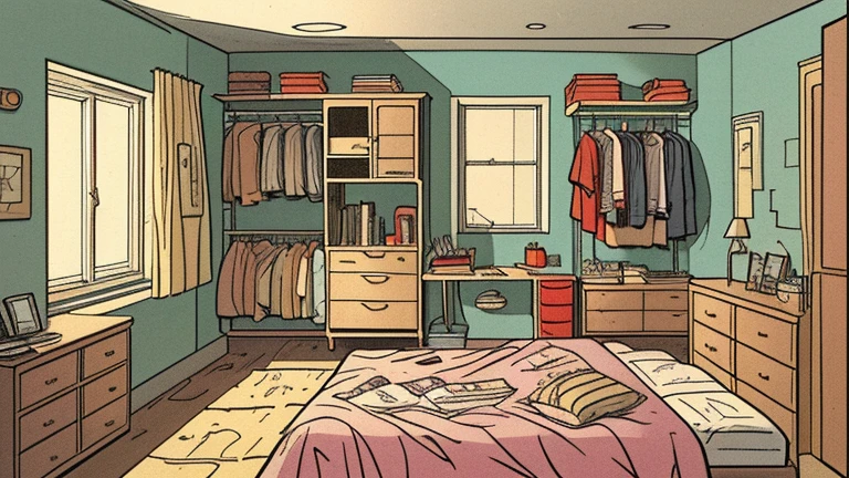 Cartoon style, a sloppy bedroom in America in 1960, a messy boy's bedroom, with a window, with a closet, full view of the room.
