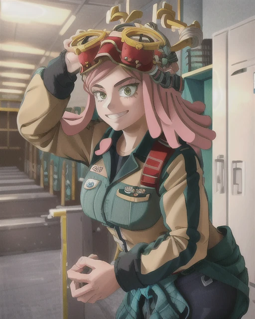 ((best quality)), ((highly detailed)), masterpiece, detailed face, beautiful face, (detailed eyes, deep eyes), (1girl), cowboy shot, hatsume mei(MHA), pink hair, yellow eyes, symbol-shaped pupils, crosshair pupils, grin, (muscular female), large breasts, my_hero_academia_gym_uniform, blue uniform, pants, inside, in a locker room