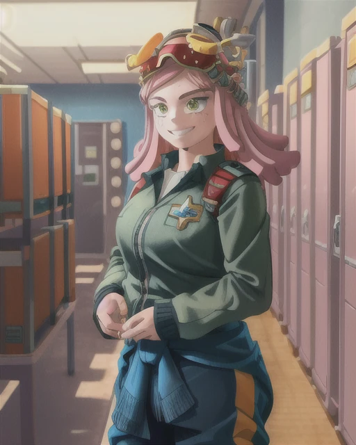 ((best quality)), ((highly detailed)), masterpiece, detailed face, beautiful face, (detailed eyes, deep eyes), (1girl), cowboy shot, hatsume mei(MHA), pink hair, yellow eyes, symbol-shaped pupils, crosshair pupils, grin, (muscular female), large breasts, my_hero_academia_gym_uniform, blue uniform, pants, inside, in a locker room