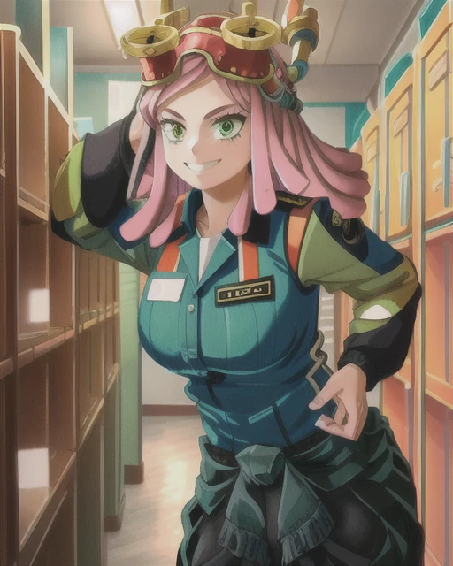 ((best quality)), ((highly detailed)), masterpiece, detailed face, beautiful face, (detailed eyes, deep eyes), (1girl), cowboy shot, hatsume mei(MHA), pink hair, yellow eyes, symbol-shaped pupils, crosshair pupils, grin, (muscular female), large breasts, my_hero_academia_gym_uniform, blue uniform, pants, inside, in a locker room