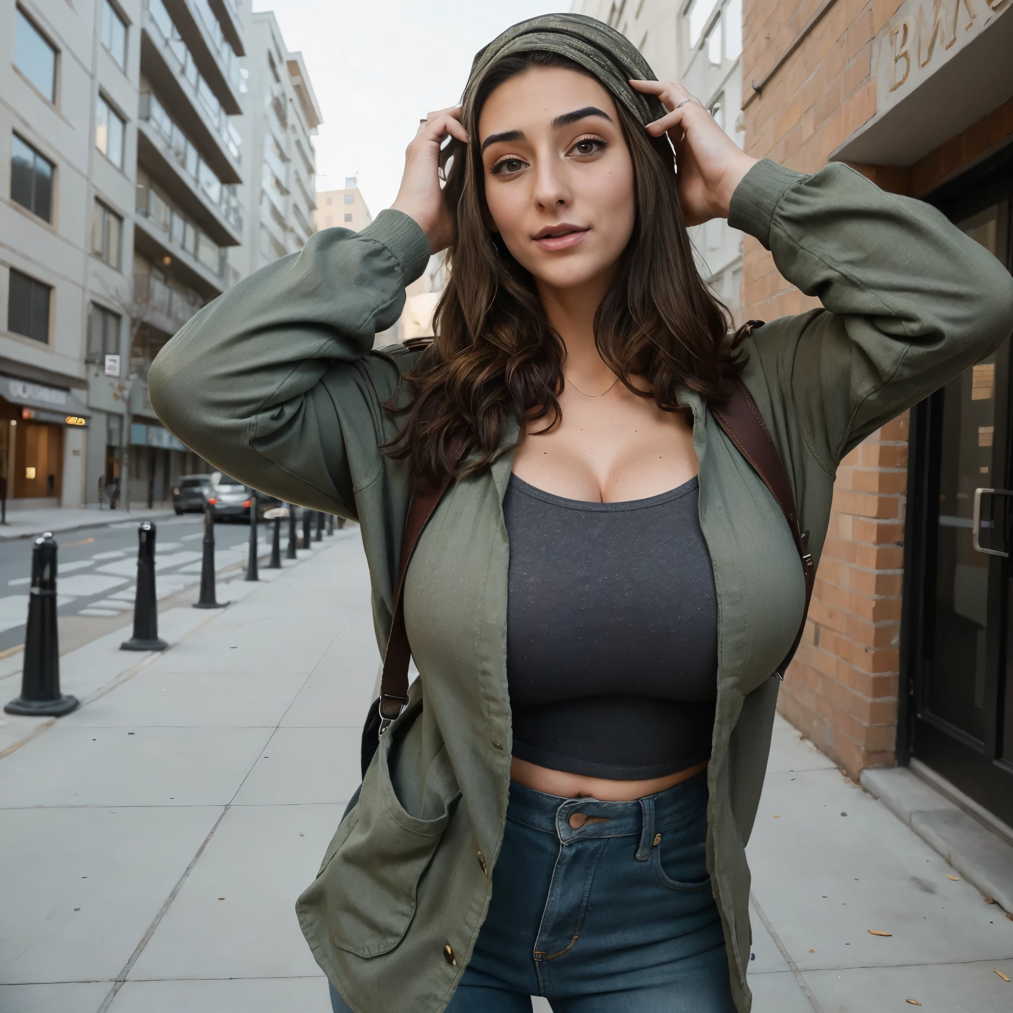 Extremely busty thin and toned brunette photographer, college girl, fair skin, loose single side sweep, soft face, athletic, bandana babushka headwrap, tight olive green casual windbreaker, skinny jeans. standing in front of her apartment building, outdoors, city, camera bag, cleavage