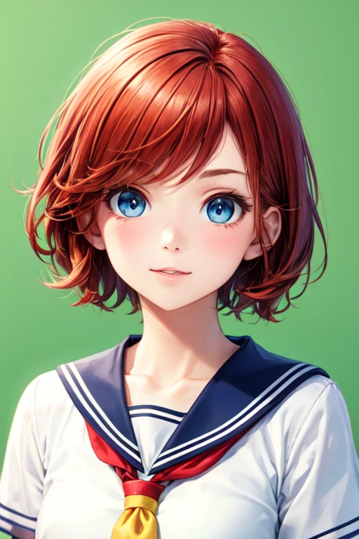  30 year old redhead, short hair and blue eyes, wearing school clothes and with a green background