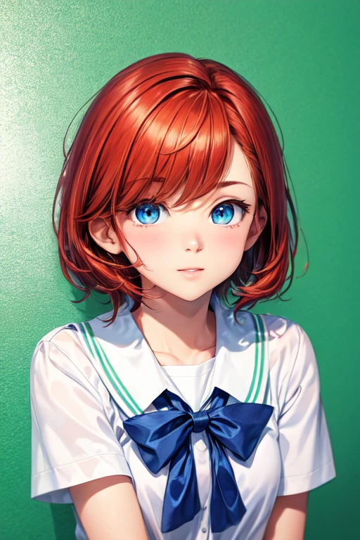 30 year old redhead, short hair and blue eyes, wearing school clothes and with a green background