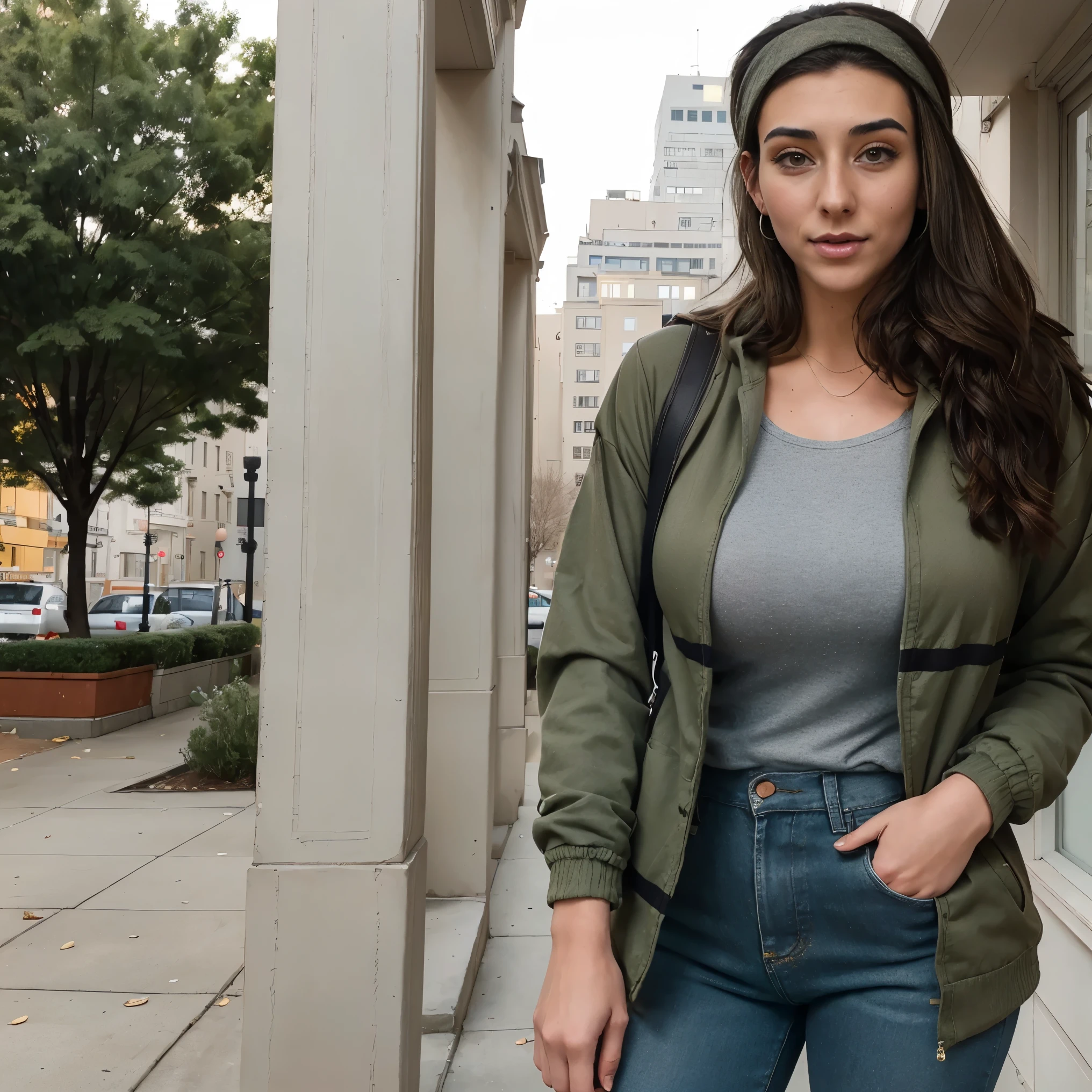 Extremely busty thin and toned brunette photographer, college girl, fair skin, loose single side sweep, soft face, athletic, bandana babushka headwrap, tight olive green casual windbreaker, skinny jeans. standing in front of her apartment building, outdoors, city, camera bag, cleavage 